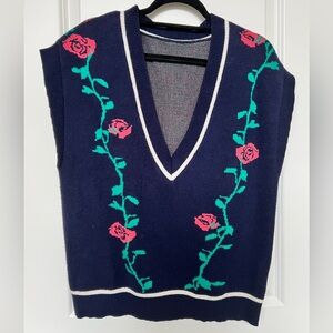 Oversized rose and vine pattern dark navy blue v-neck vest sweater